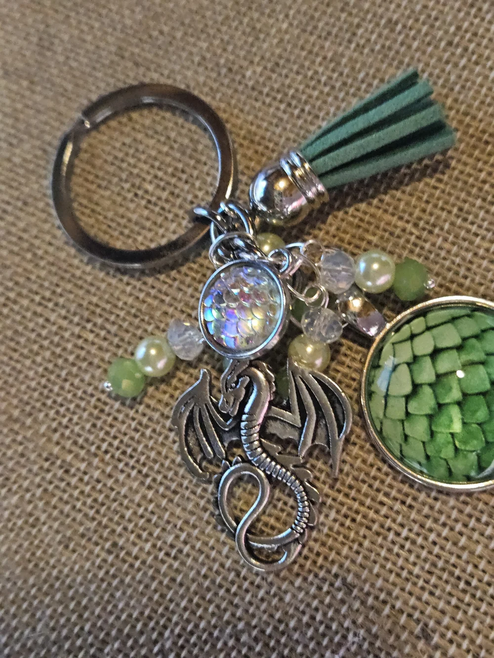 Green Dragon Scale Charm Keychain with Tassel